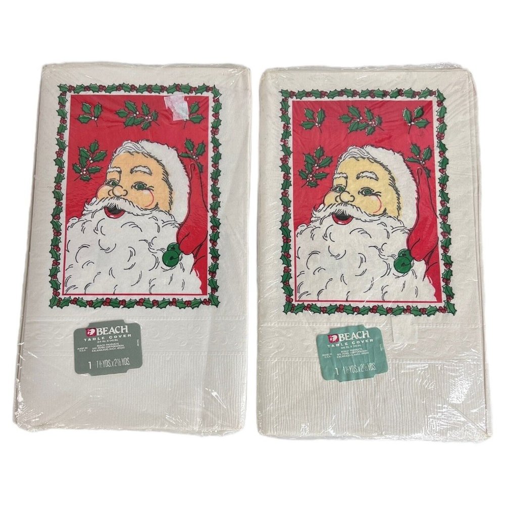 2 Vintage Beach Table Cover‎ Santa Claus Christmas Tablecloth Paper New 54”x96”